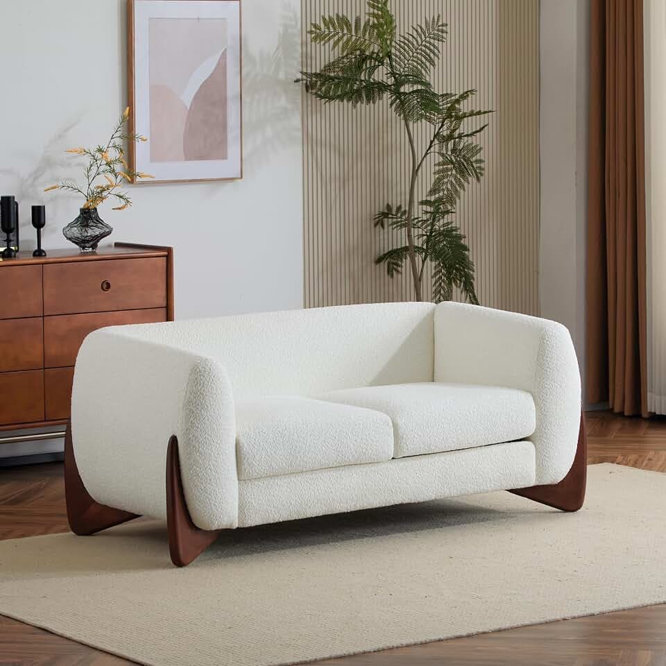 Merax 63 Inch Modern Boucle Upholstered 2-Seater Sofa, Chenille Fabric Loveseat with Solid Wood Legs, Low Profile Small Couch for Living Room, Beige