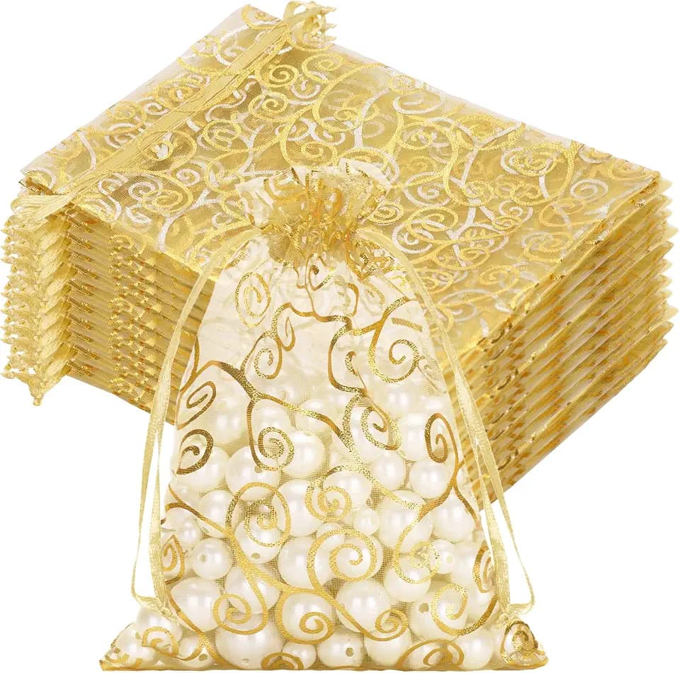 joycraft 50Pcs Organza Gift Bags - 5x7 In Gold Mesh Gift Drawstring Bags, Organza Party Favor Pouch for Valentine's Day, Wedding, Birthday, Brial Shower