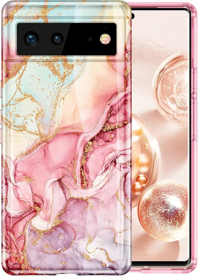 Btscase for Google Pixel 6 Case, Gold Glitter Bling Marble Pattern Hard PC Slim Fit Shockproof Full Body Rugged Drop Protective Women Girls Cover Cute Case for Google Pixel 6 (2021), Rose Gold