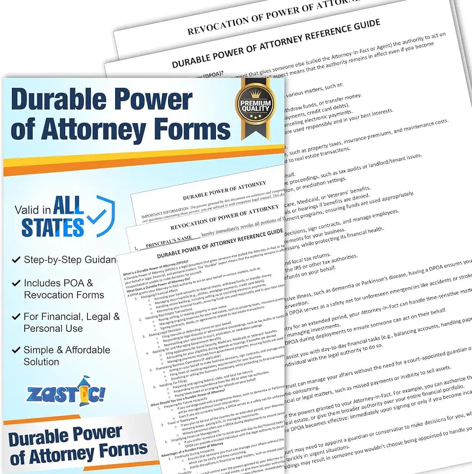 Zastic! Durable Power of Attorney Forms Kit - Comprehensive Power of Attorney Form for Financial, Legal, and Personal Use – Includes 3 Blank Durable Power of Attorney Forms, Guide, & Envelopes