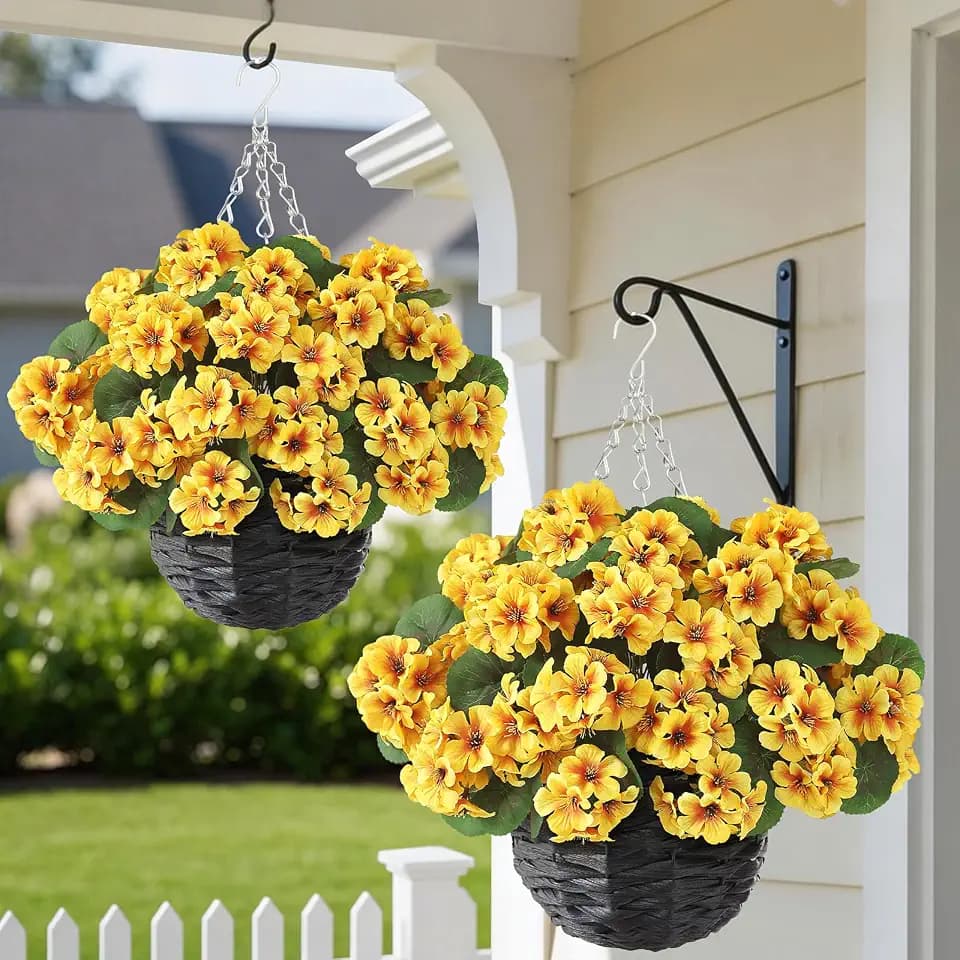 2 Set Artificial Geranium Flower Hanging Basket for Porch Decor(Yellow)