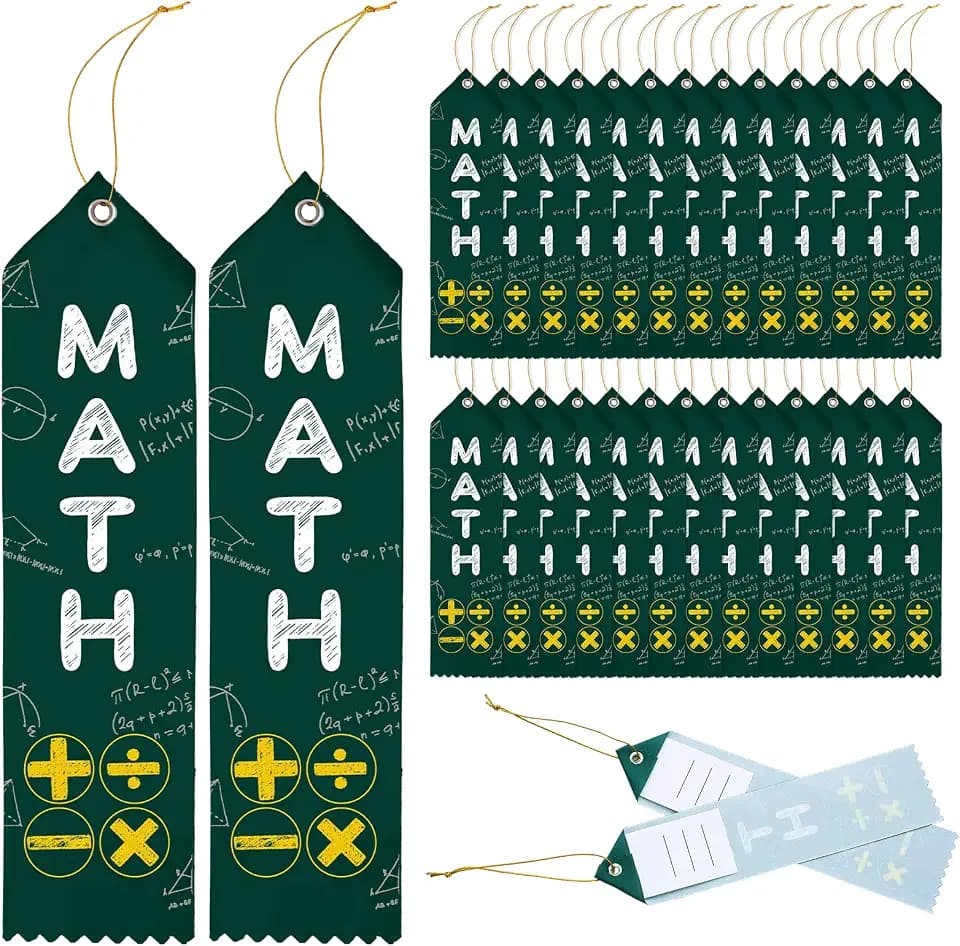 Tingjoo 50 Pcs Award of Math Ribbons 8 x 2 Inches Achievement Ribbons Bulk with Event Card and Rope Participation Award Prize for Competitions Classroom Activities Sports Event Employee
