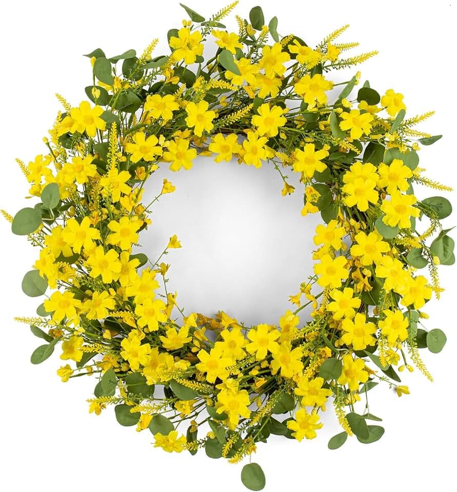 Artificial Large Spring Wreath 28 Inch Summer Wreaths for Front Door Yellow Daisy Wreath for Indoor Outdoor Home Decor and Easter Celebration