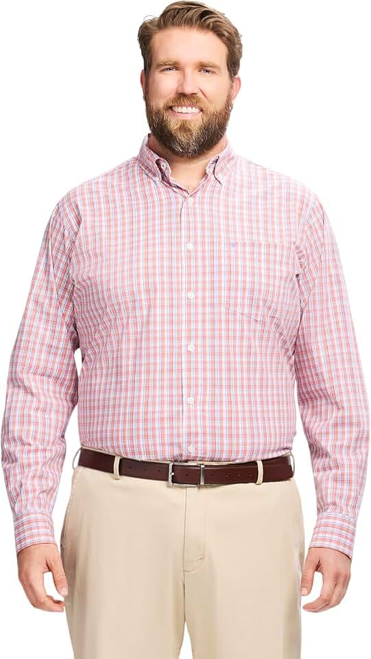Izod Men's Big and Tall Performance Comfort Long Sleeve Plaid Button Down