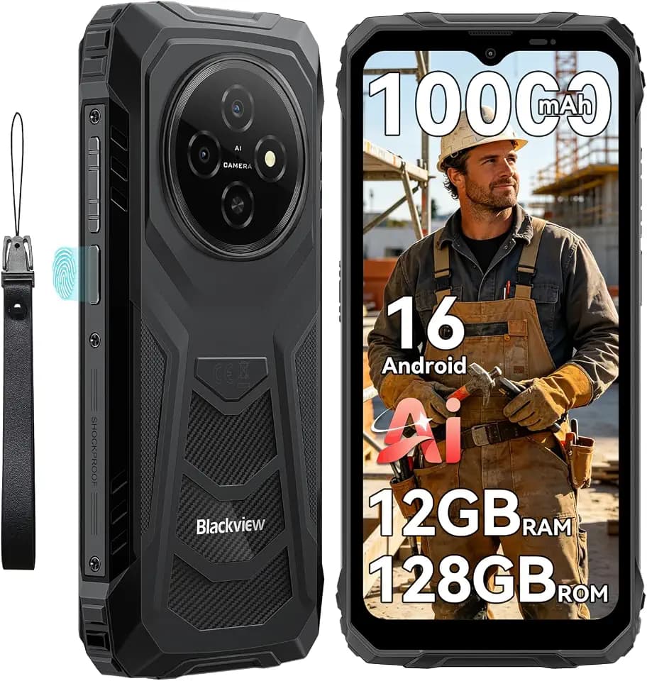 Blackview Android 16 Outdoor Smartphone,10000mAh Outdoor Handy Ohne Vertrag 12GB+128GB/2TB, Gemini AI 6.56‘’ 90Hz Baustellenhandy,NFC/FOTA/390g/DREI Kartenfächer/Fingerabdruck/IP69K Wasserdicht