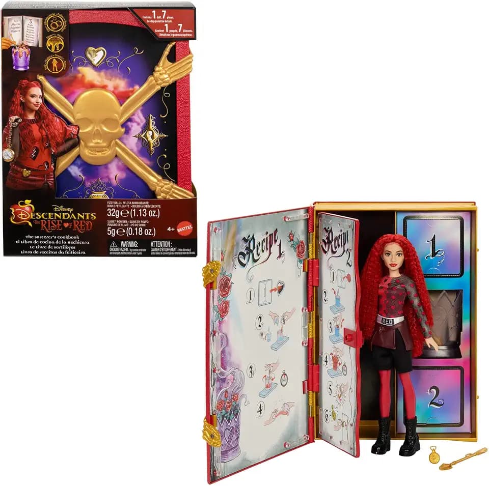 Mattel Disney Descendants 4: The Rise of Red“ Red, Tochter der Herzkönigin, Puppe und Spielset, Das Kochbuch des Zauberers, Schleimmischung und Überraschungen, HWH95