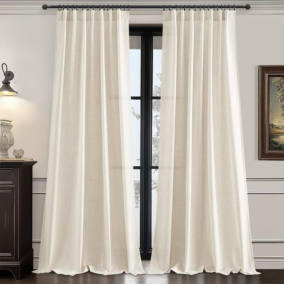105 Inch Custom Curtains for Living Room, Unique Cream Ivory Soft Thick Linen Sheer Curtains Pleated Privacy Light Filtering Neutral Decorative Drapes for 104-106 In Large Window 2 Panels W52"xL105"