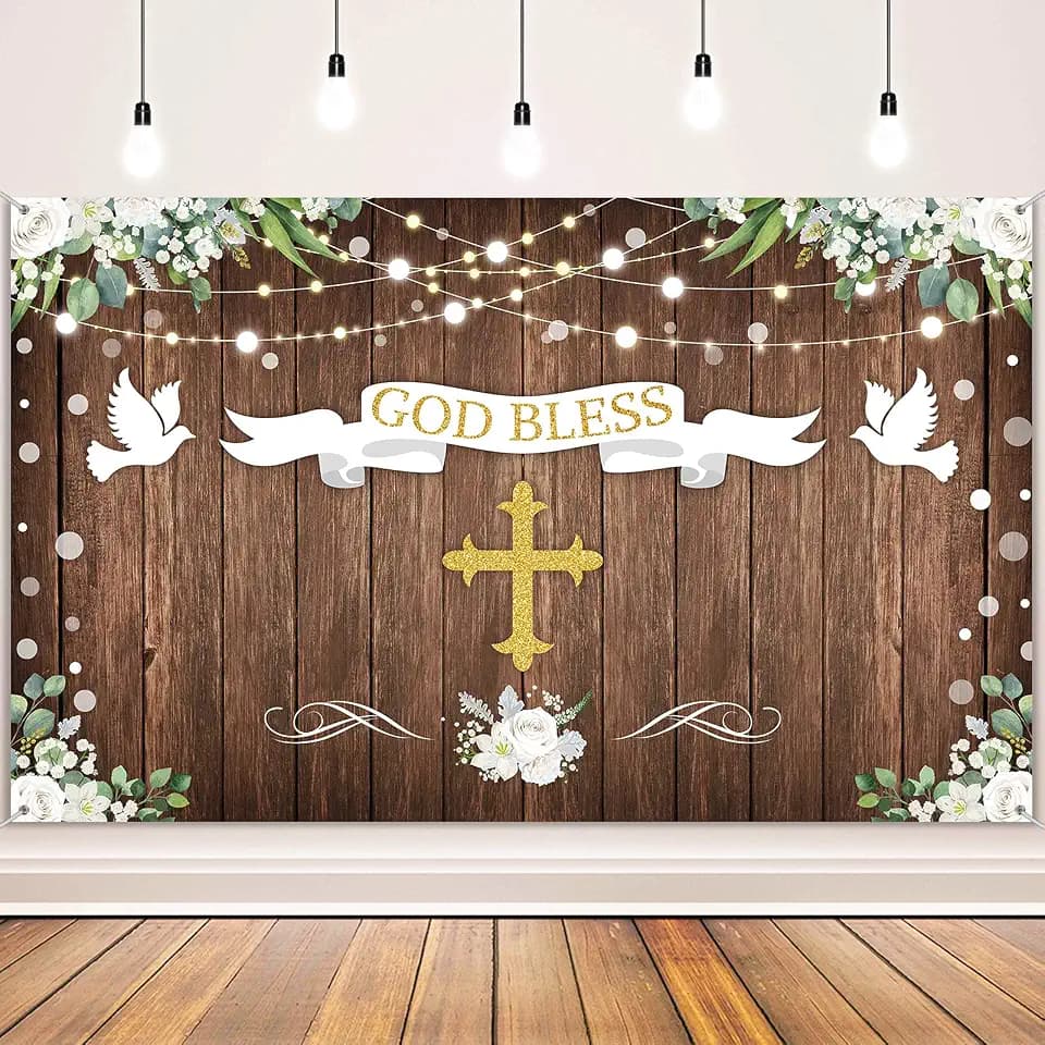 Tegeme God Bless Baptism Backdrop Rustic Wood Green Leaves, Wood White