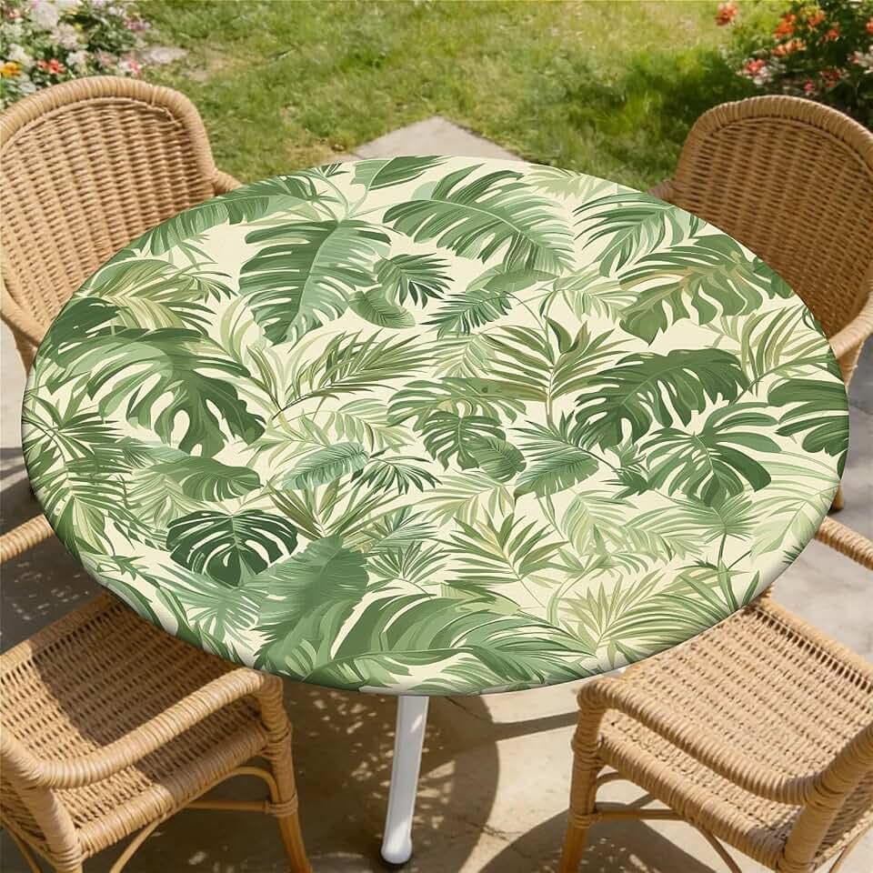 Round Fitted Tablecloth with Elastic Edge, Stain Resistant Waterproof Fabric Table Cover for 37"-44" Round Table, Indoor Outdoor Dining, Kitchen Decor, Camping, Holiday, Party, Tropical Green
