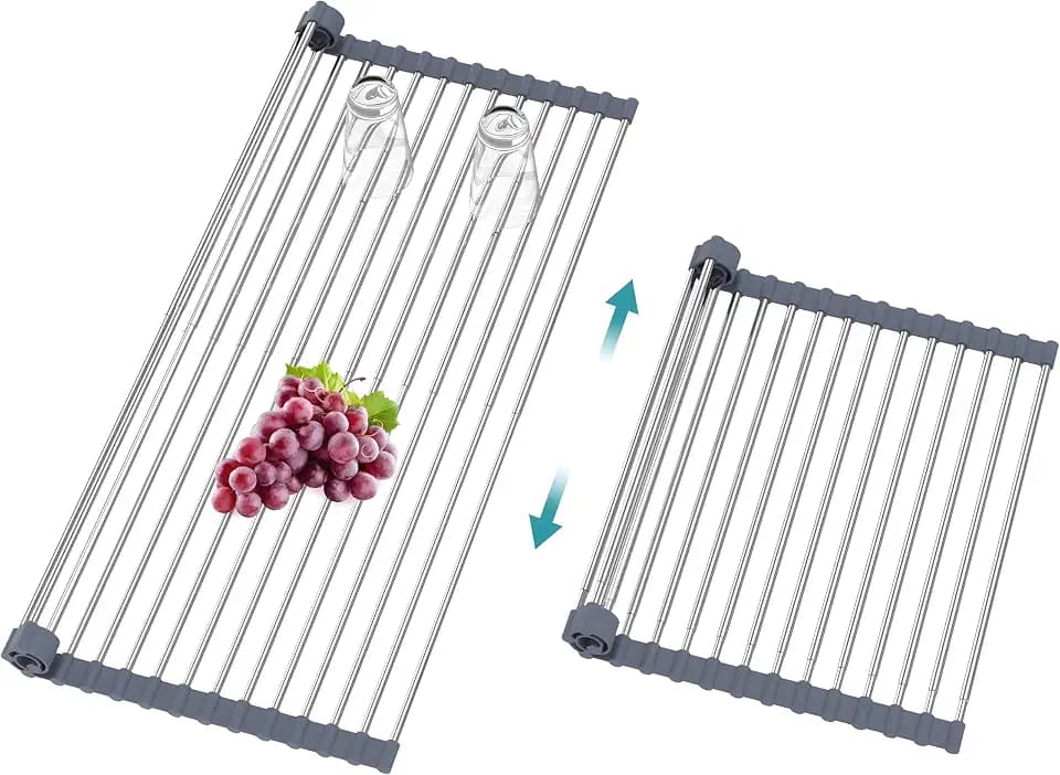 Badewannen-Tablett, Geschirrabtropfgestell, Geschirrabtropfgestell, Geschirrtuchhalter, Aufrollgitter, Abtropfgestell aus hitzebeständigem Edelstahl, rutschfest (Grau, 43x30)