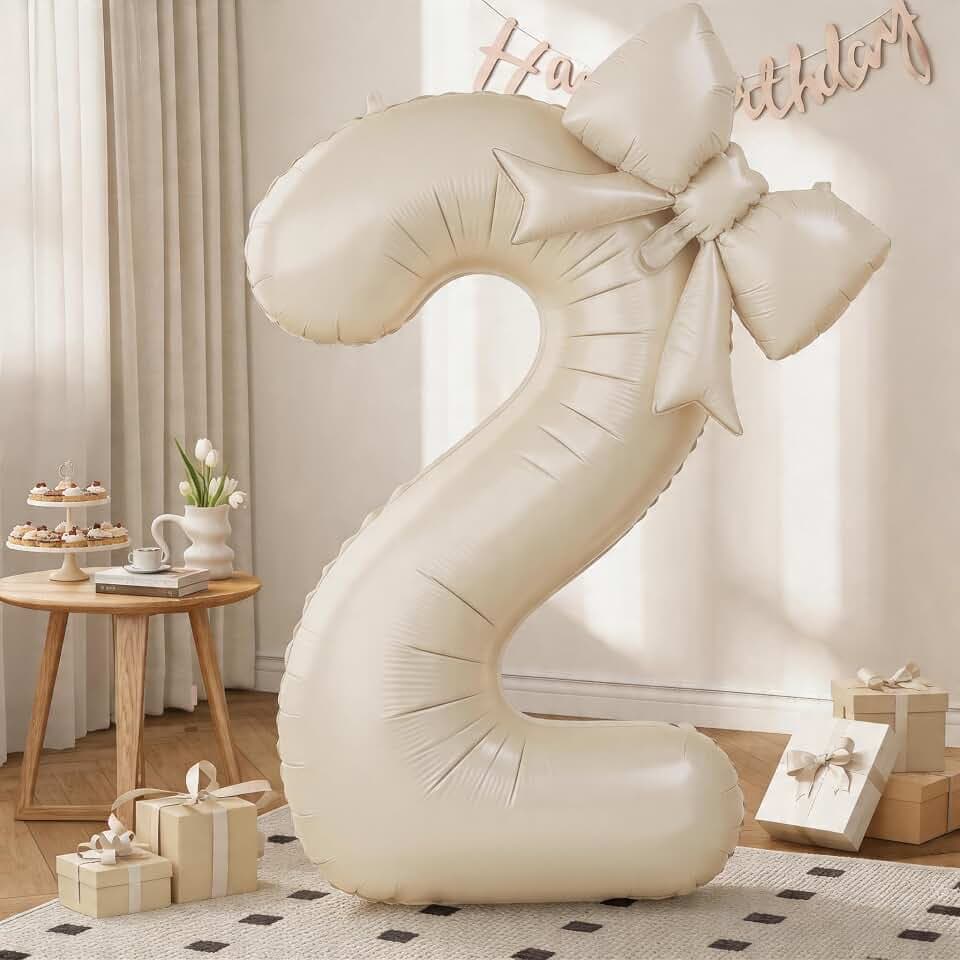 40 Inch Cream Number 2 with Bow Balloon for 2nd Birthday Party Decorations