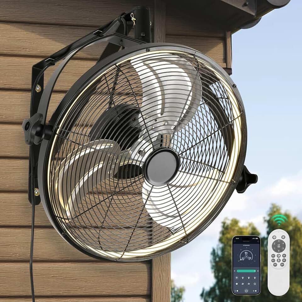 AHAWILL 16 Inch Wall Mount Fan with Lights,6-Speed High Velocity Wall Fan Dimmable Gazebo Fan,360°Adjustable Tilt Industrial Outdoor Fans for Patio,Garage,Workshop,Commercial,Black
