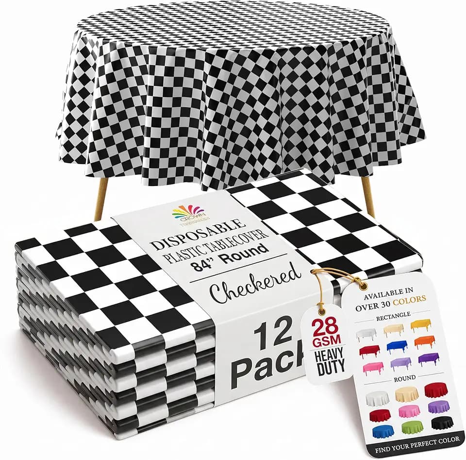 Exquisite 12-Pack Premium Plastic Tablecloth Pack of 12 - Premium Plastic Tablecloth 84 Inch Round Table Cover - Checkered
