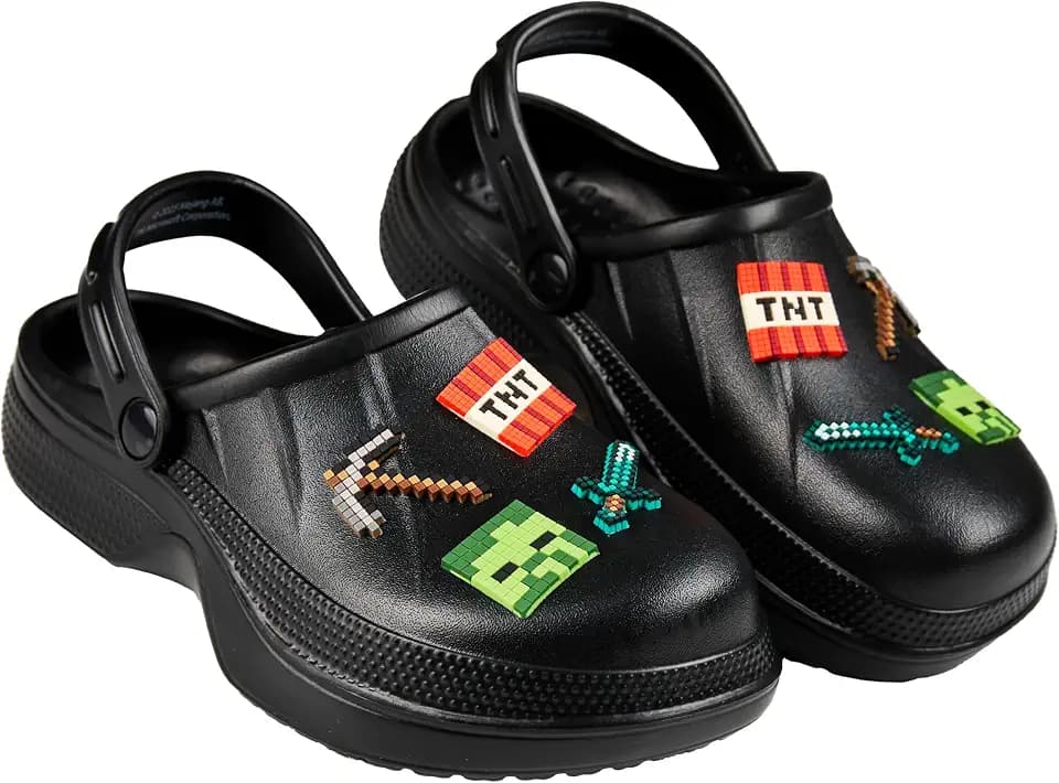Minecraft Hausschuhe Clogs Kinder Junge mit oder ohne Schuh Charms Fersenriemen Kinderhausschuhe für Garten Strand Freizeit (Schwarz, 30/31 EU)