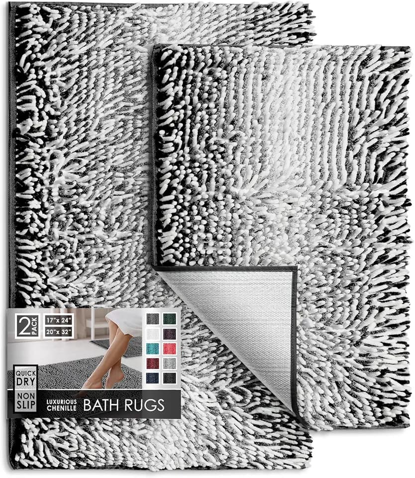 Hearth & Harbor Bathroom Rugs, Chenille Bath Mat - Machine Washable Bath Mats for Bathroom Non-Slip Backing Rubber, Quick Dry Bathroom Mat, 17 x 24 + 20 x 32 - Ombre Black