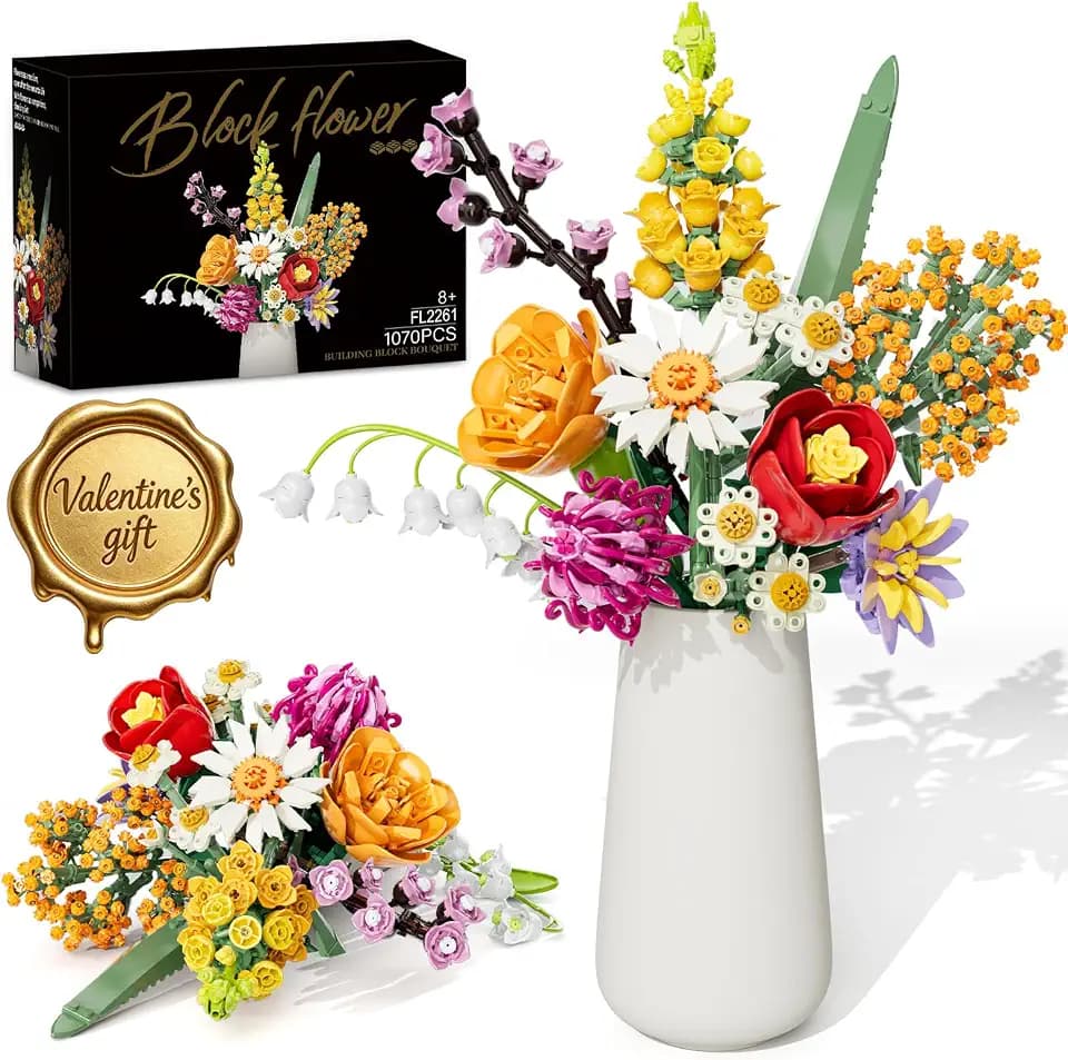 Flowers Bouquet Building Set, 1070PCS Wildflower Botanical Collection, Artificial Plant Flower Kit Toy for Adults Kids Women Her, Home Decor Gift for Birthday, Christmas, Valentines(No Vase)