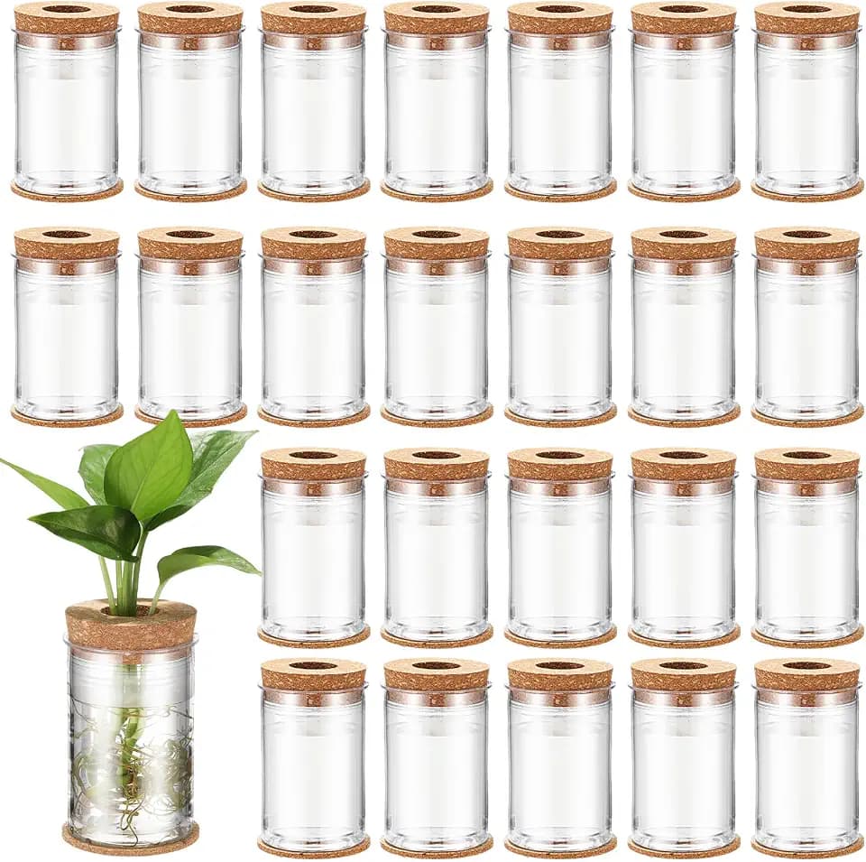 Baderke 24 Packs Plastic Desktop Plant Terrariums Propagation Planter Tabletop Planting Vase with Lid and Cork Plant Coasters for Growing Hydroponic Home Office Table Decoration(Classic Style)
