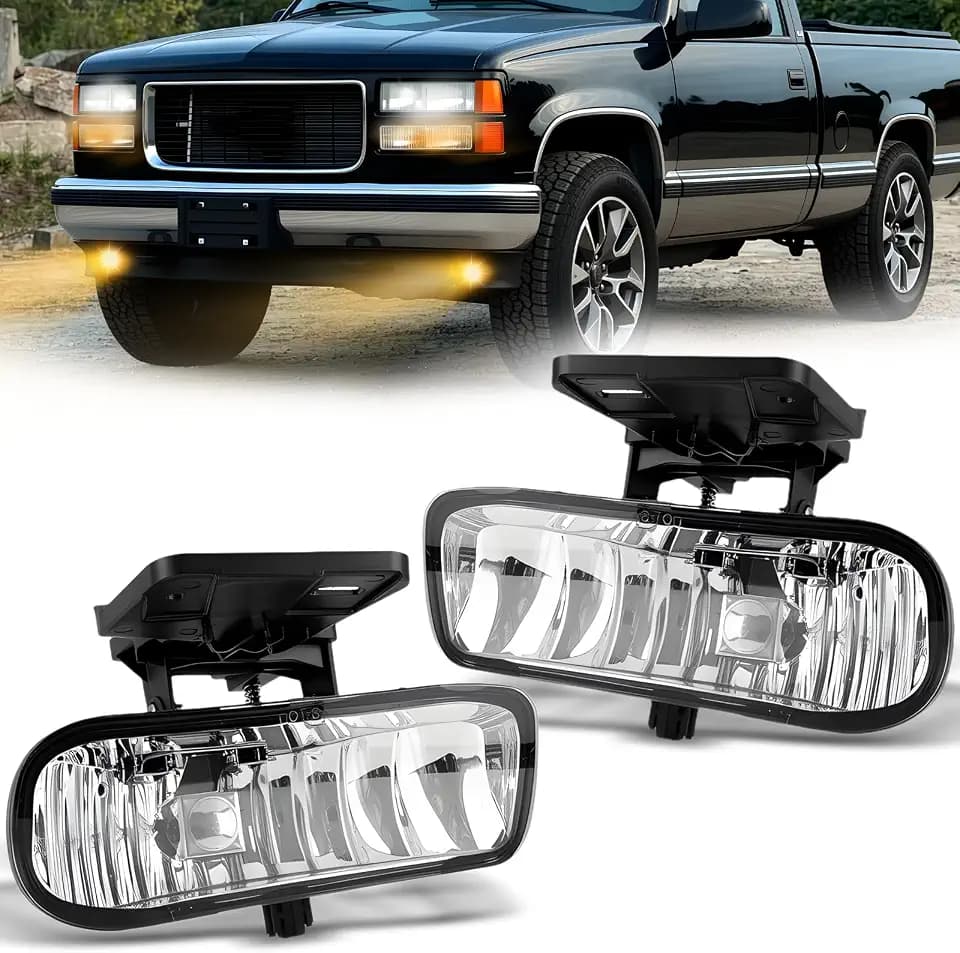 Fog Lights Compatible With 2000 2001 2002 2003 2004 2005 2006 GMC Yukon Pickup Truck / 1999 2000 2001 2002 GMC Sierra, A Pair Of Fog Lamps With Housing And Clear Lens