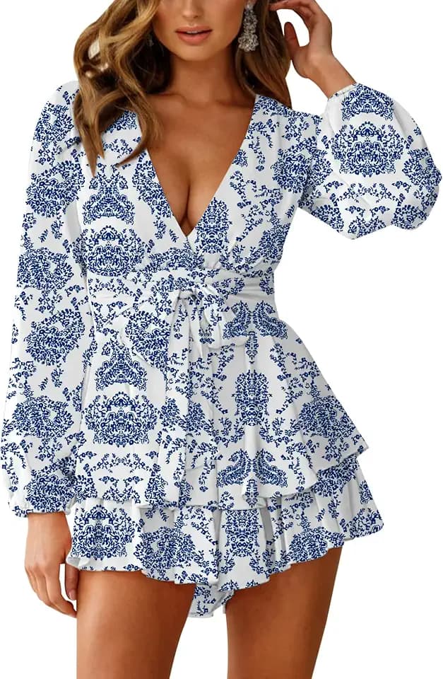 Relipop Womens Floral Print Romper V Neck Long Sleeve Double Layer Ruffle Hem Shorts Jumpsuit 2026 Beach Vacation Outfits