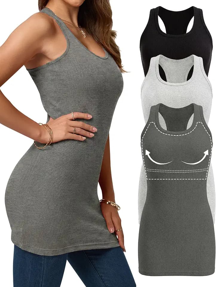 3 Pack Womens Extra Long Tank Tops with Shelf Bra Racerback Tanks