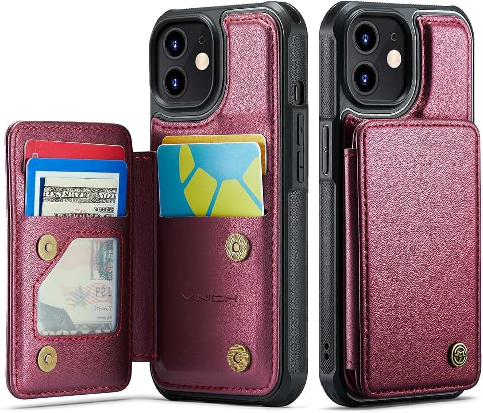 Vinich for iPhone 12/12 Pro Wallet Case with Card Holder, Wine Red
