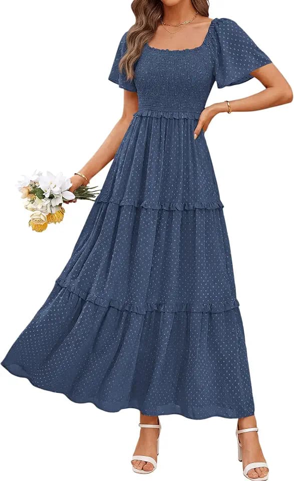 PRETTYGARDEN Womens Summer Dresses Boho Maxi Swiss Dot Dress
