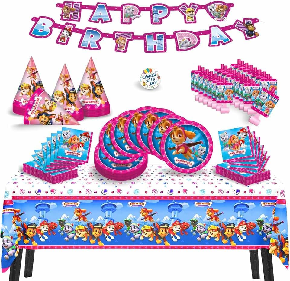 Unique Paw Patrol Girl Birthday Decorations | Serves 24 | Officially Licensed Plates, Napkins, Party Hats, Blowouts, Banner, and Table Cover Supplies for Birthdays, Parties, and Celebrations, Pink
