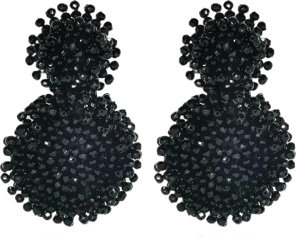 Black Beaded Statement Round Drop Earrings for Women Handmade Chunky Cluster Dangle Earrings Lightweight Fashion Jewelry for Party Wedding Prom Daily Wear