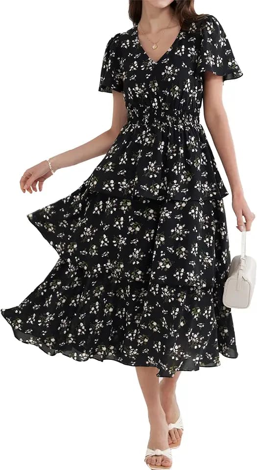 GRACE KARIN Damen Sommer V-Ausschnitt Kurzarm Blumenkleid Casual Strand Maxi Kleid Elegant A-Linie Freizeitkleid Urlaubskleid Hochzeit