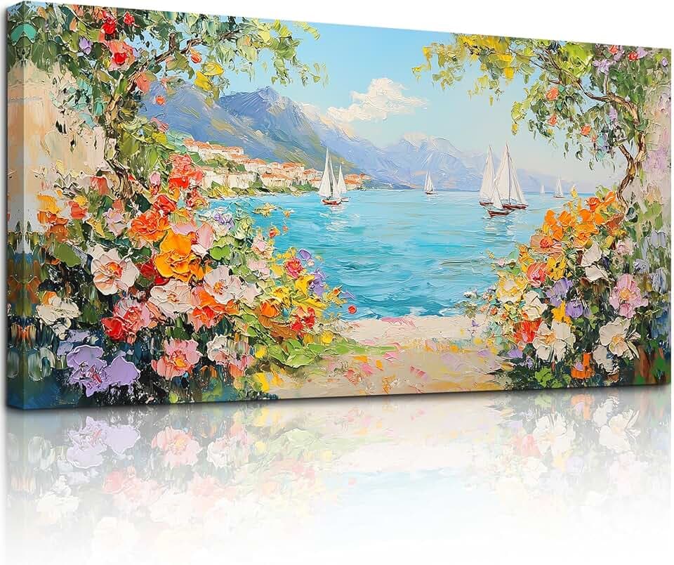 MHARTK66 Blumen in der Bucht Leinwand Bilder, 50x100 cm Groß Wandbilder Wohnzimmer Landschaft Bild Aesthetic, Modern Wanddeko Kunstdruck Schlafzimmer Esszimmer Flur Büro Küche Badezimmer