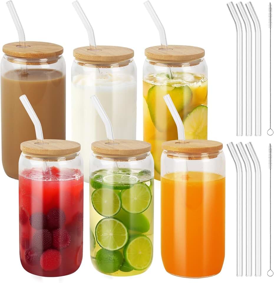 BUCOMTU 6er Set Glas mit Deckel und Strohhalm, 500 ml Trinkgläser mit deckel,Cocktailgläser Gläser Set,für Trinkgläser in Dosenform, Iced Coffee Glas, Cocktails (500ML-6 Pack)