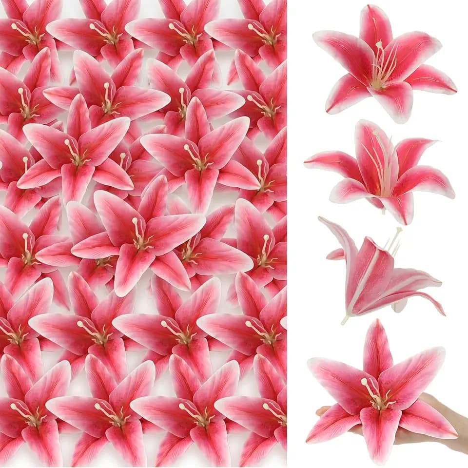 Suncalla 24 Pcs Large Fake Lilies Artificial Flower Heads, Dark Pink, 7.9"