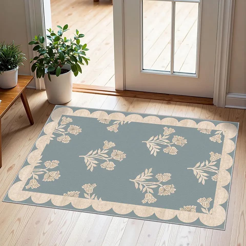 Front Door Mat Indoor Outside Entrance 2x3 Blue Scalloped Entry Rug