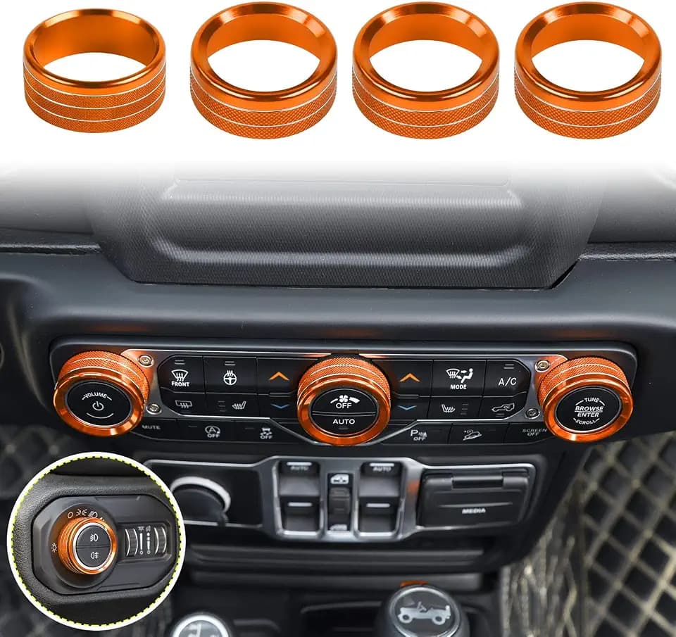 Voodonala Air Conditioner Headlight Switch Knob Cover Trim for Jeep Wrangler JL JLU Gladiator JT 2018-2026 Interior Accessories, AC Light Control Dial Covers, Aluminum Alloy 4pcs – Orange