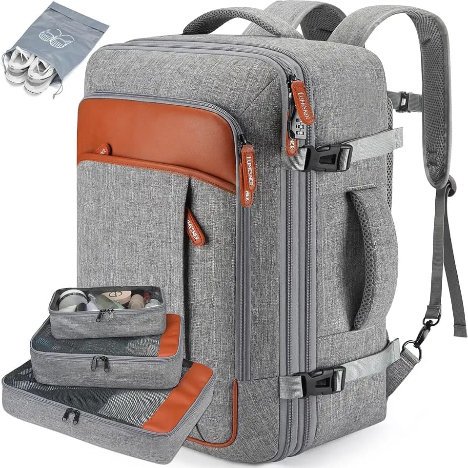 Lumesner Handgepäck-Rucksack, extra groß, 40 l, Flugzugelassen, Reiserucksack für Männer und Frauen, erweiterbar, großer Koffer-Rucksack mit 4 Packwürfeln