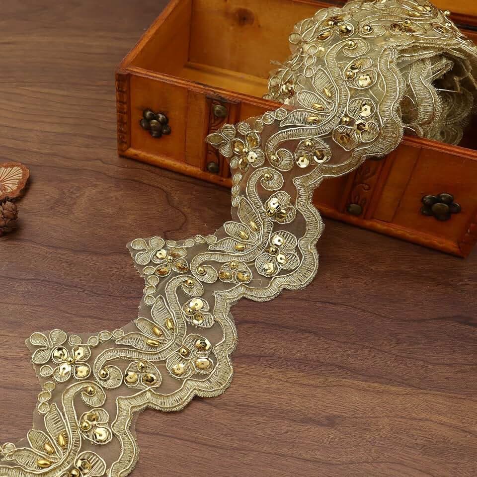 IDONGCAI Vintage Gold Beaded Lace Trim 3D Sequined Metallic Ribbon for Bridal Gown Alterations, Cottagecore Crafts, and Grandmillennial Home Decor(3.6 inches Wide 4.8 Yards)
