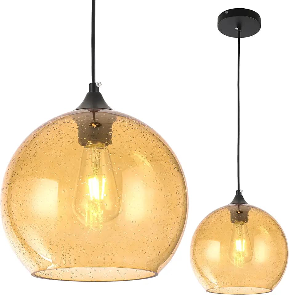 Amber Glass Pendant Lights Kitchen Island Lighting Modern Globe Pendant Light Fixtures Modern Pendant Lights for Kitchen Island Bedroom Living Dining Room Light Fixture-7.8inch