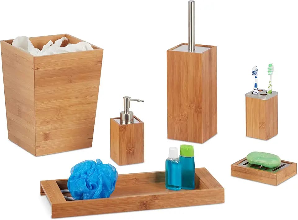Relaxdays Bad Set, 6-teilig, Bambus, Seifenspender, Seifenhalter, Bürstenhalter, Zahnputzbecher, Ablage, Badeimer, natur, 20 x 20 x 26,5 cm