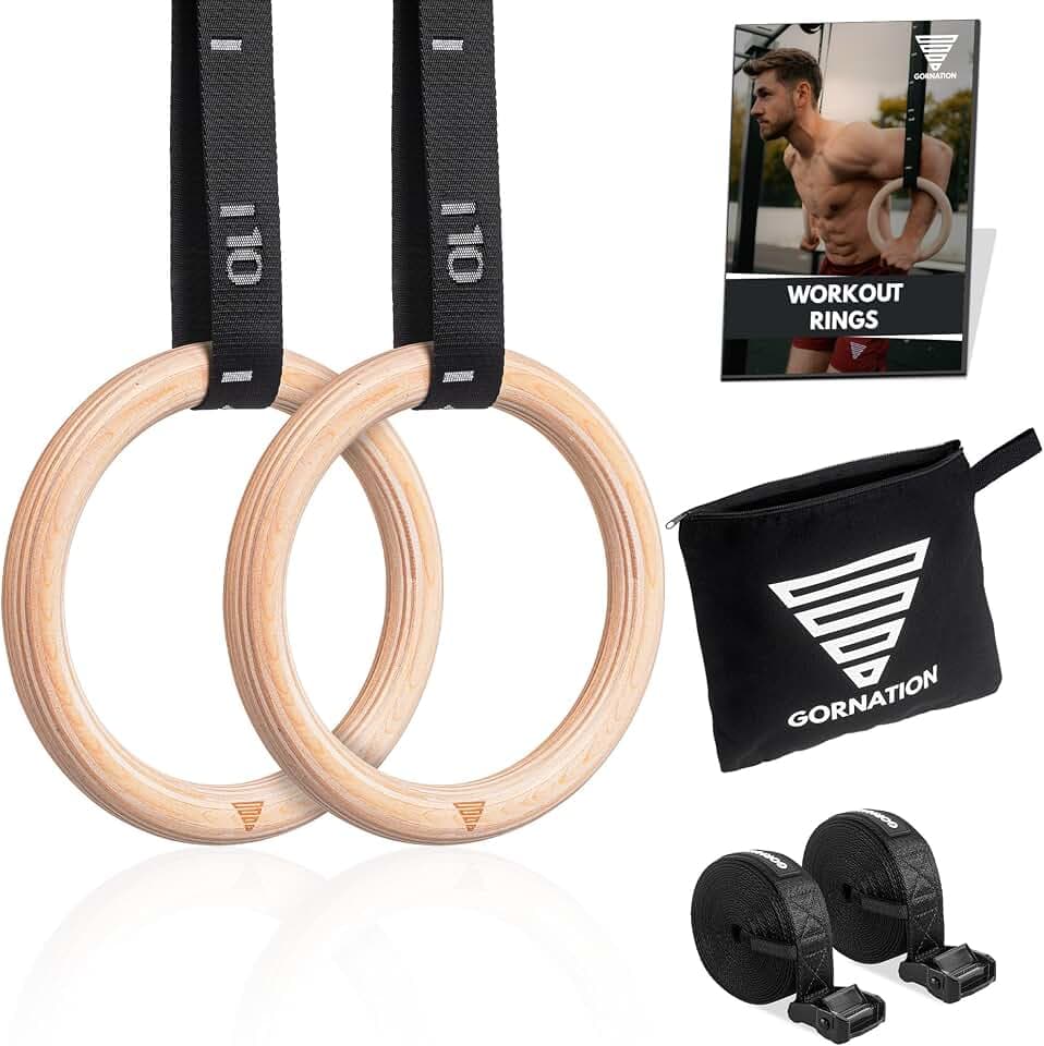 GORNATION Turnringe Holz, Gym Rings, Calisthenics Ringe, Turnen, Fitness, Olympische Gymnastikringe + Befestigungsgurte mit Markierungen & Tasche für Indoor & Outdoor Training