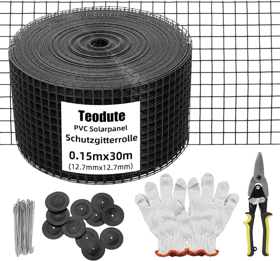 Solarpanel Schutzgitterrolle 15cm x 30m, Vogelschutz Set 70 Edelstahl Kabelbinder Rostfreie PVC Beschichtung 12,7mm Drahtgeflecht