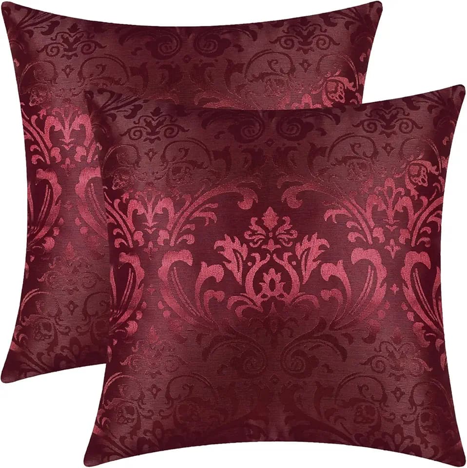 CaliTime Dekokissenbezüge für Couch, Sofa, Zuhause, Vintage-Damast, Blumenmuster, glänzender und matter Kontrast, 40,6 x 40,6 cm, Burgunderrot, 2 Stück