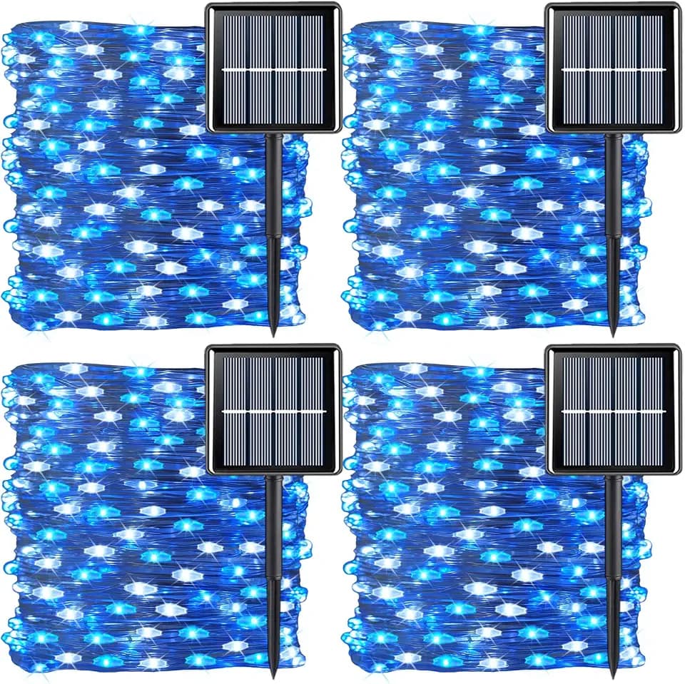 QITONG 4 Pack Solar Fairy Lights, Each 33ft 100 LED Blue and White Christmas String Light Outdoor Waterproof, 8 Modes Silver Wire Twinkle Mini Lights