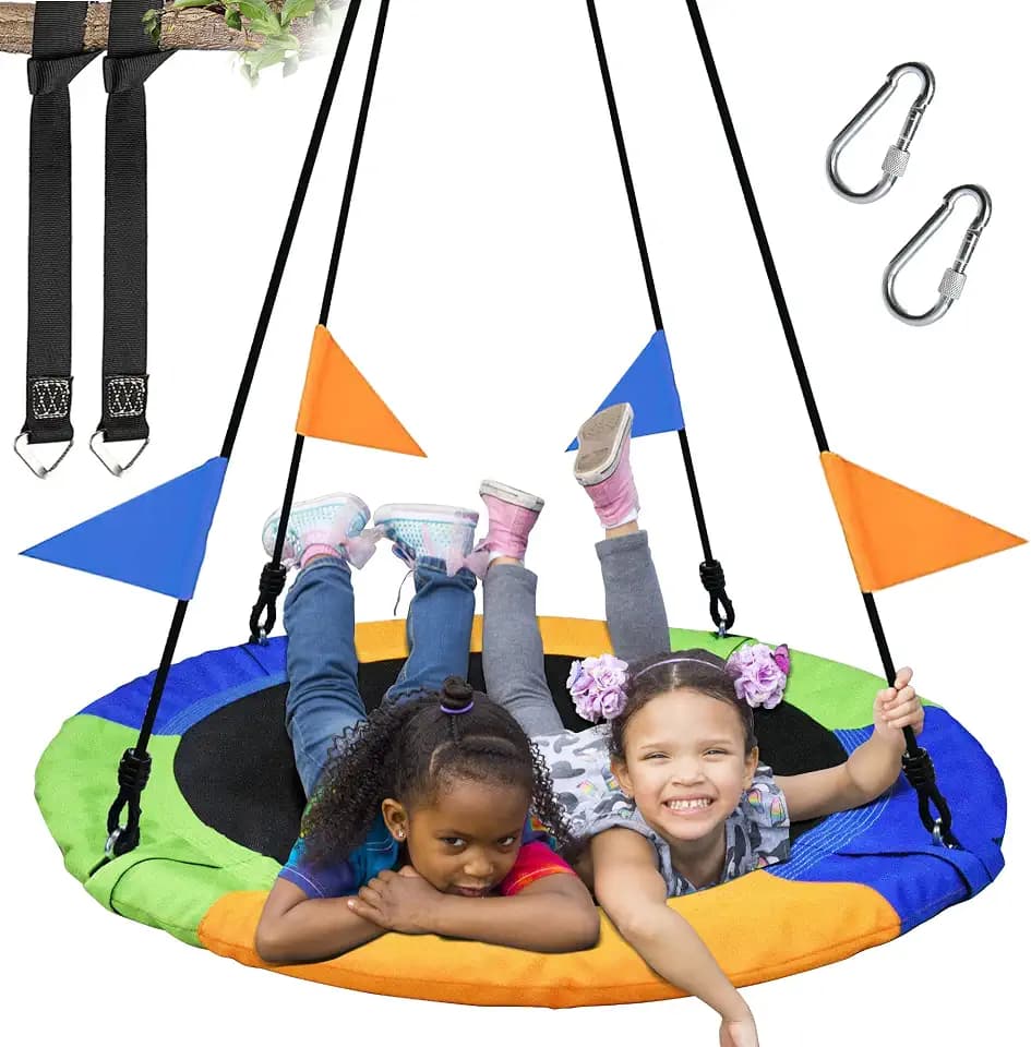 PACEARTH 40 Inch Saucer Tree Swing Flying 600lb Weight Capacity 2 Added Hanging Straps Adjustable Multi-Strand Ropes Colorful Safe and Durable Swing Seat for Children