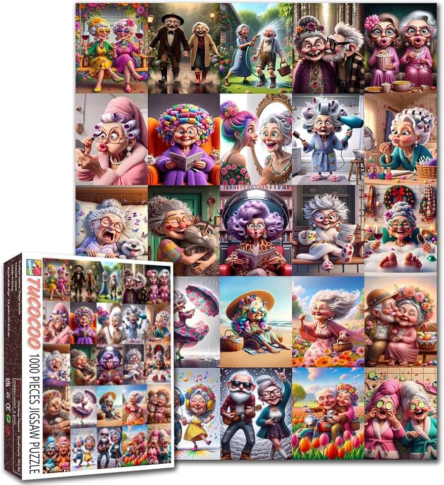 Oma-Puzzles für Erwachsene, 1000 Teile, lustiges Kunst-Puzzle für ältere Menschen, Senioren, Freundschaft, anspruchsvolle Puzzle, bunte Collage, Bastelpuzzle, Geschenk, Heimdekoration, Familienspiele
