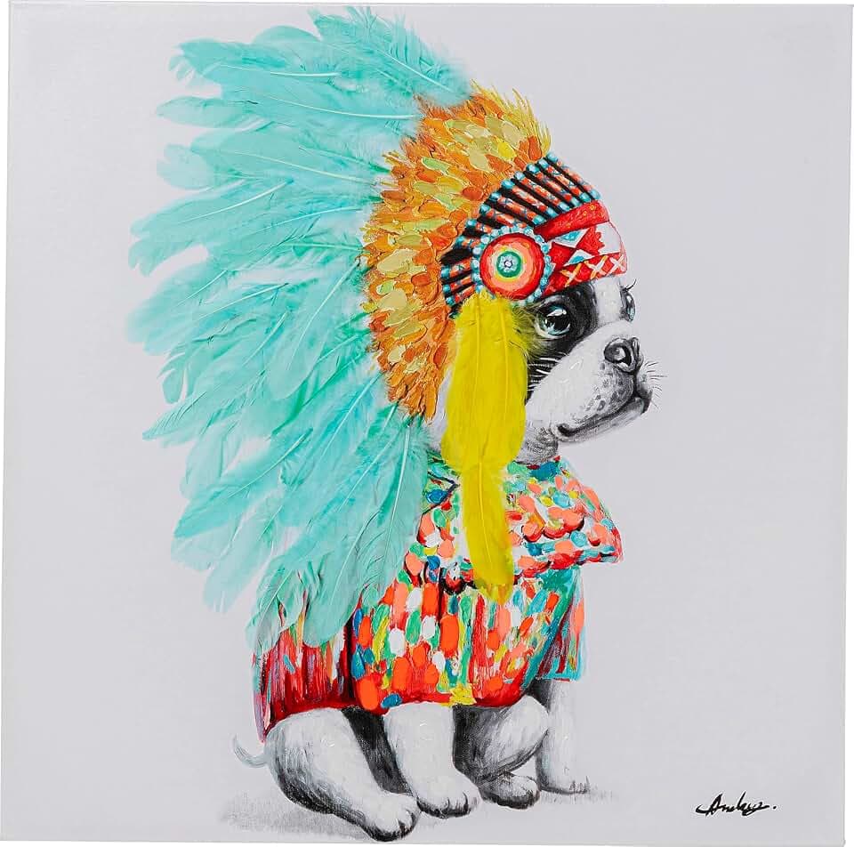 Kare Design Leinwandbild Headdress Dog, Acrylfarbe, Massivholz Rahmen, Hund Motiv, handgemalte Details, Modern, Wohnzimmer, Schlafzimmer, Flur, 80x80x3,5cm