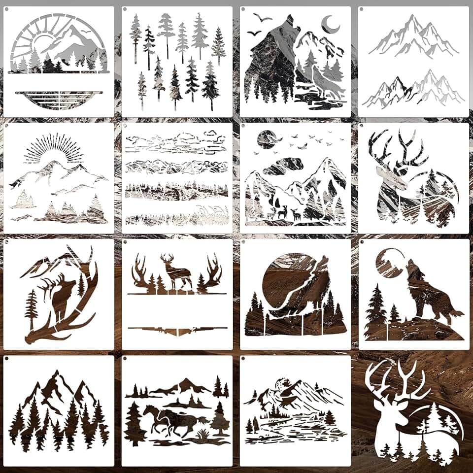 15Pcs Mountains and Animals Stencils for Crafts Reusable(5.9X5.9 Inch)
