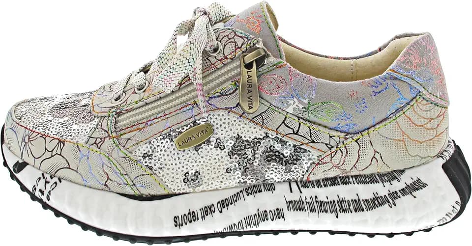 Laura Vita Damen Sneaker Leder Blumenmuster Schrift Reißverschluss Burton 1123, Größe:40 EU, Farbe:Weiß