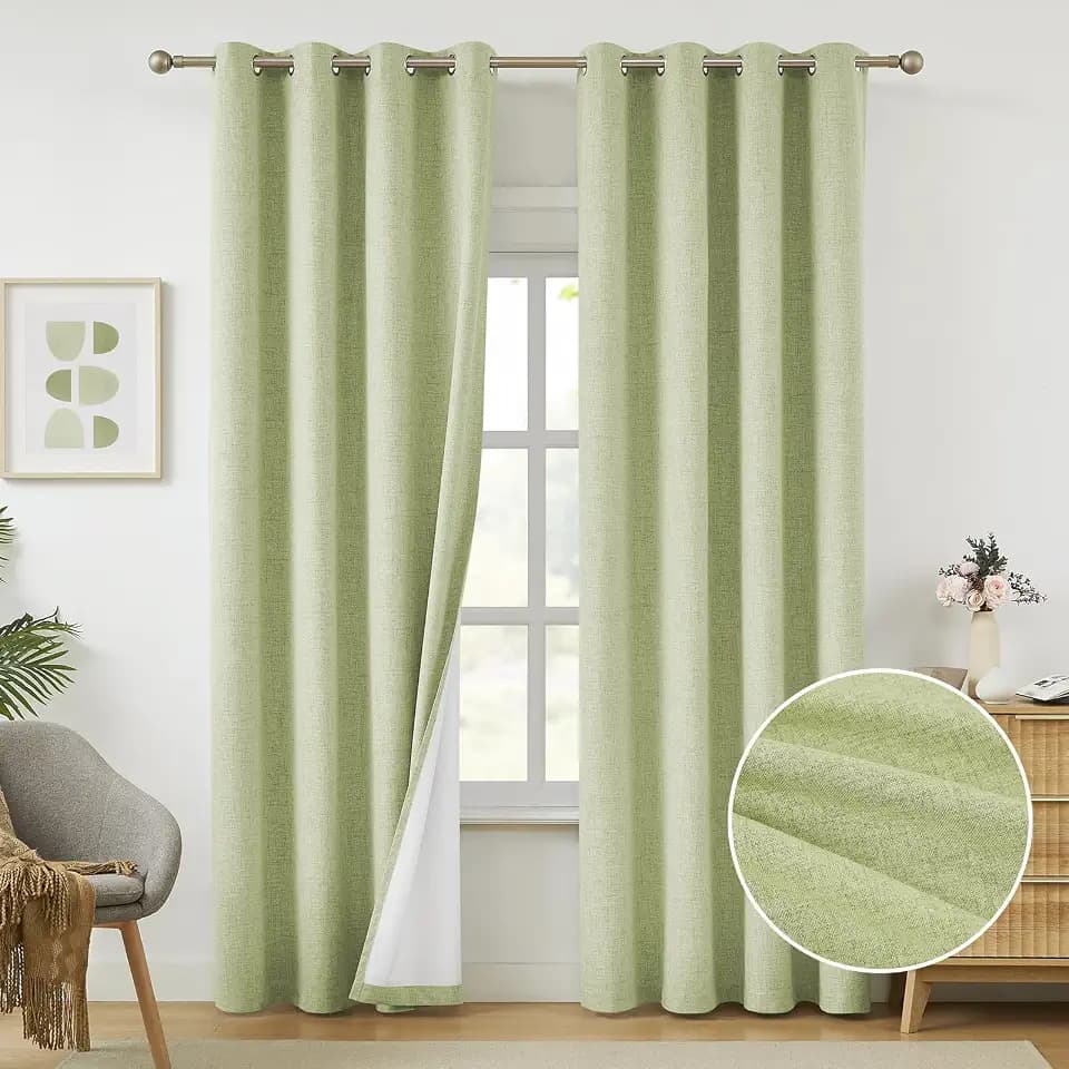 Melodieux Sage Green Linen Blackout Curtains 63 Inch Length for Bedroom Living Room, Thermal Insulated Room Darkening Grommet Drapes, Elegant Farmhouse Burlap Textured Curtains 52x63 inch, 2 Panels