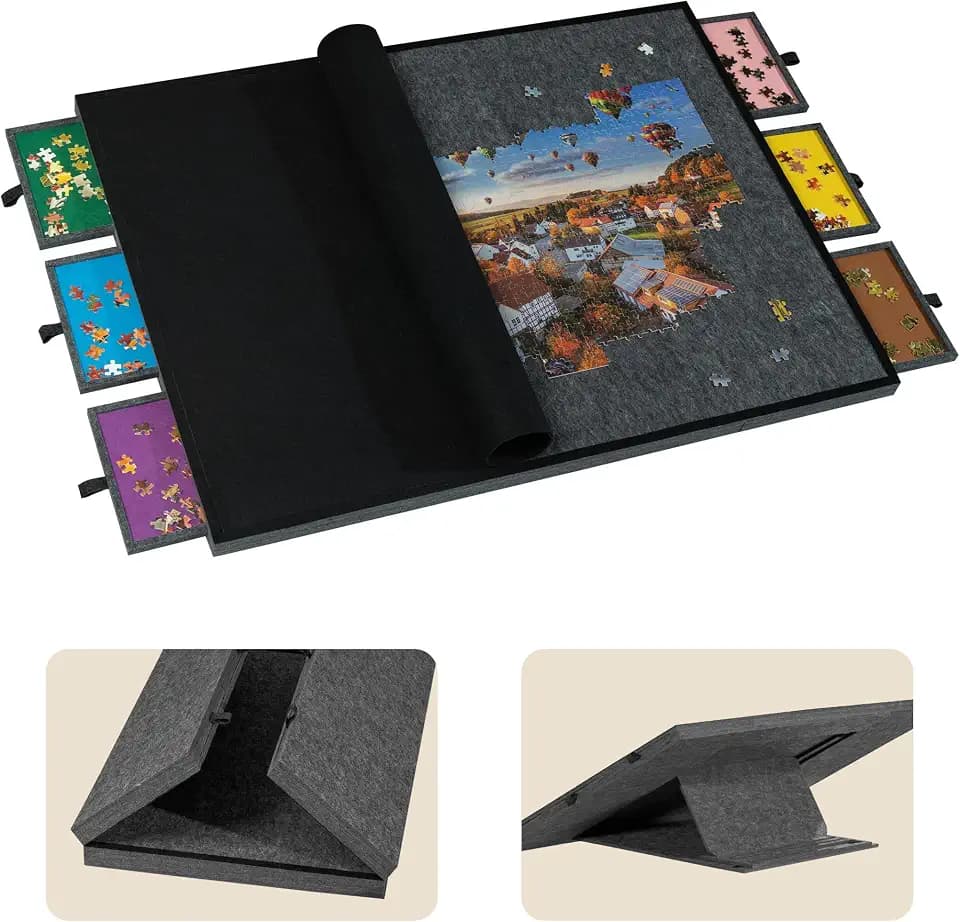 Tektalk 2000 Piece Foldable Jigsaw Puzzle Table with Cover, 3-Tilting-Angle Plateau, Lightweight Portable Felt Puzzle Board with 6 Sorting Drawers (Dark Gray)