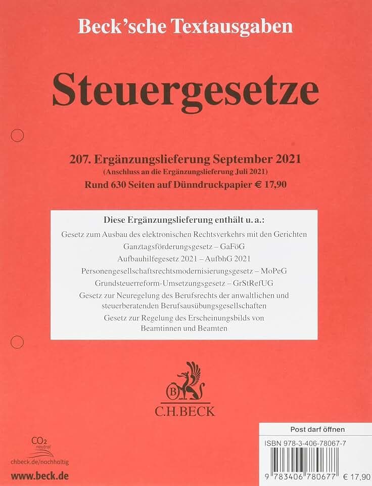 Steuergesetze 207. Ergänzungslieferung: Rechtsstand: 1. Januar 2021 (Tabellen); 1. September 2021 (Texte)